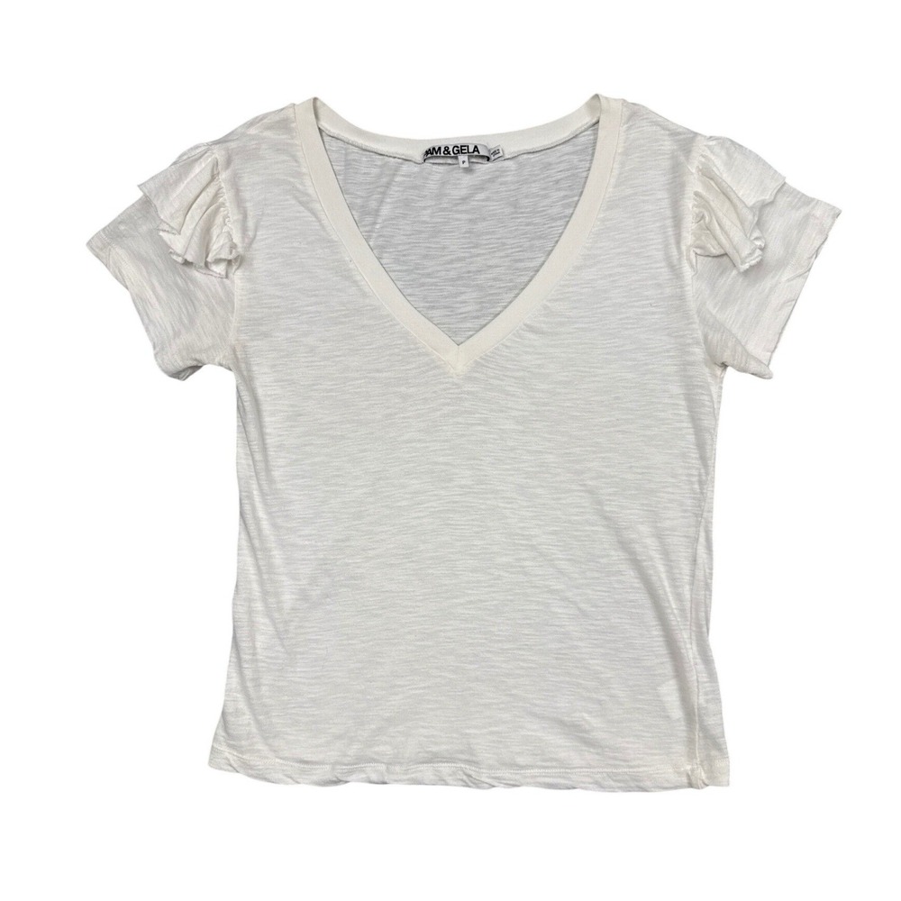 Pam & Gela V-Neck T-Shirt Women P White Slub Ruffle Sleeve Flutter Casual Tee
